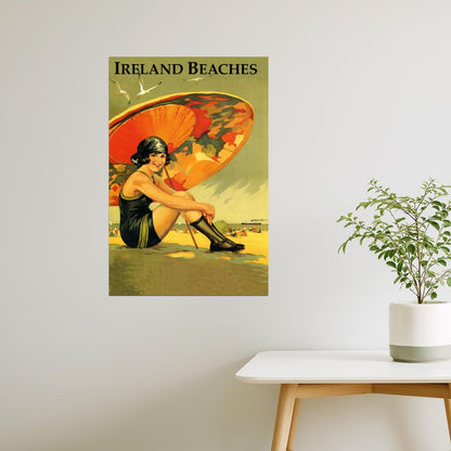 Ireland Beaches | Vintage Irish Travel Poster with Girl and Umbrella
