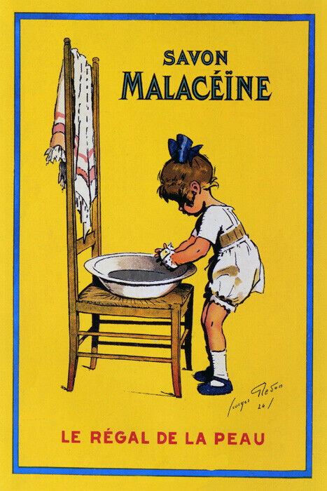 Savon Malacéine | Vintage French Soap Ad with Girl Washing Hands Poster