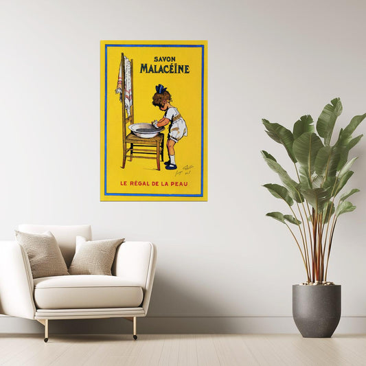 Savon Malacéine | Vintage French Soap Ad with Girl Washing Hands Poster