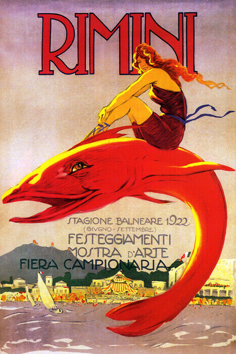 Rimini 1922 | Vintage Italian Beach Poster with Woman Riding Fish Poster
