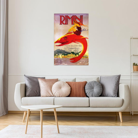 Rimini 1922 | Vintage Italian Beach Poster with Woman Riding Fish Poster