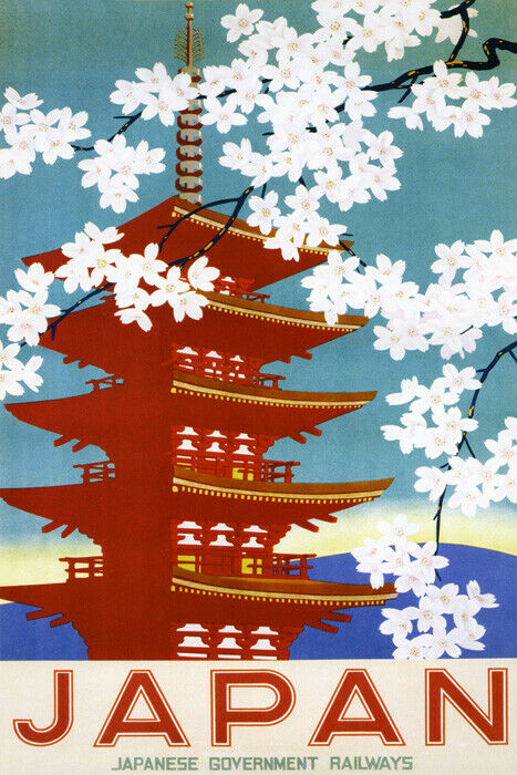 Japan Travel | Vintage Poster with Cherry Blossoms and Pagoda