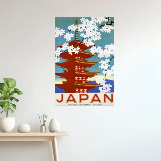 Japan Travel | Vintage Poster with Cherry Blossoms and Pagoda
