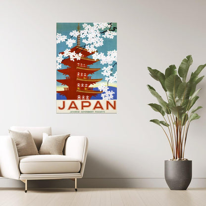Japan Travel | Vintage Poster with Cherry Blossoms and Pagoda