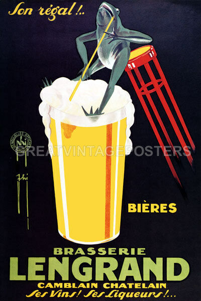 Brasserie Lengrand | Vintage French Beer Poster with Frog and Glass Poster