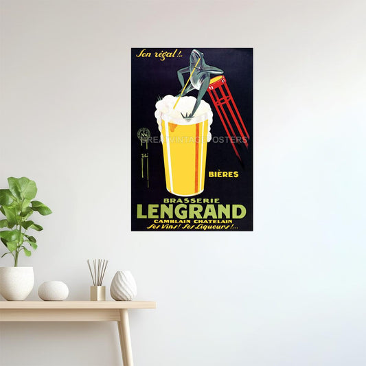 Brasserie Lengrand | Vintage French Beer Poster with Frog and Glass Poster