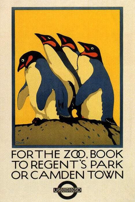 London Zoo Penguins | Vintage Family Travel Poster with Children and Birds