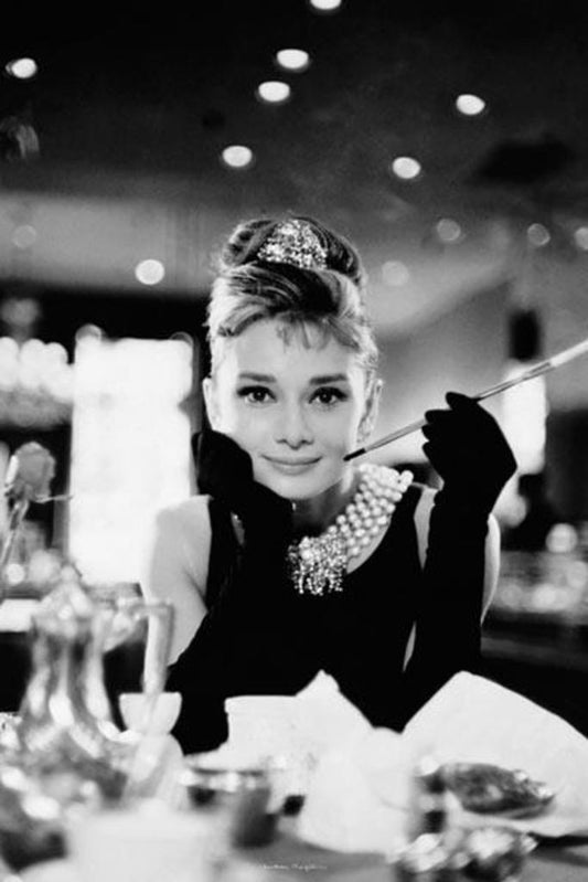 Audrey Hepburn at Breakfast at Tiffany's | Classic Vintage Fashion Poster | Black and White Photography