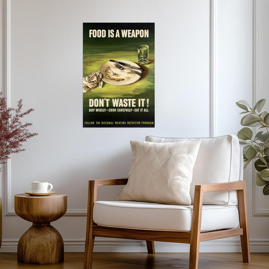 "Food Is A Weapon Don't Waste It" | WWII Propaganda Poster | Vintage Food Conservation Art - Vintage & Retro Poster