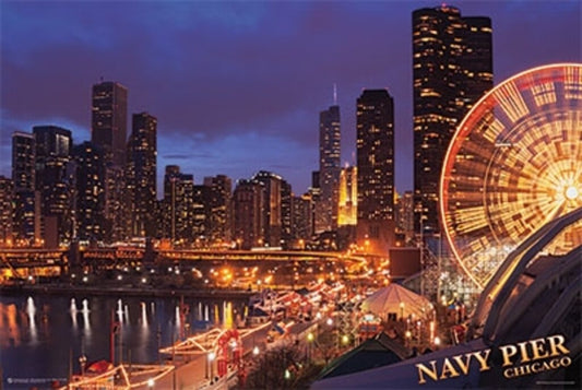 Chicago Navy Pier at Night | Cityscape Photography Print | Urban Wall Art Poster - Photography Poster