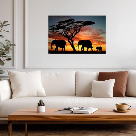 Elephants at an African Sunset | Wildlife Photography Print | Safari Wall Art Poster - Photography Poster