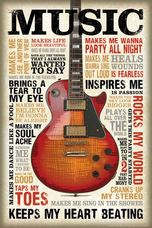 Music Themed Word Cloud Guitar | Inspirational Typography Poster | Music Lover Wall Art - Music Poster
