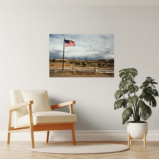 American Flag in Rural Landscape Poster | Americana Photography | Patriotic Wall Art