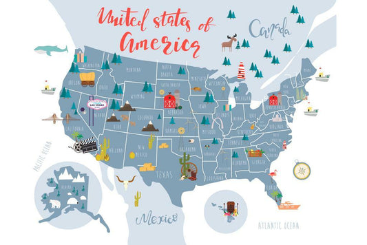 USA Map | United States Map with Illustrated State Symbols Poster