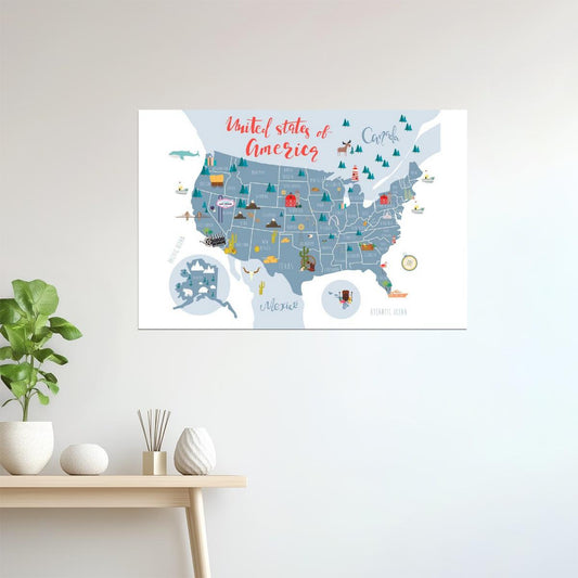USA Map | United States Map with Illustrated State Symbols Poster