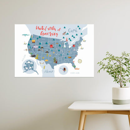 USA Map | United States Map with Illustrated State Symbols Poster
