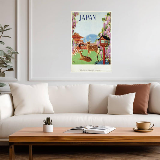 Vintage Nara Japan | Travel Poster | Temple and Deer Wall Art