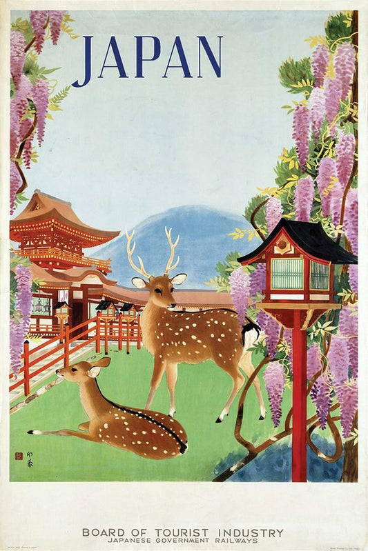 Vintage Nara Japan | Travel Poster | Temple and Deer Wall Art