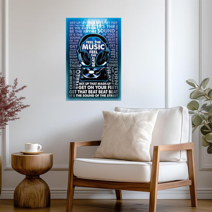 Feel The Music Headphones & Turntable | DJ Themed Graphic Art Poster | Modern Music Wall Decor - Music Poster
