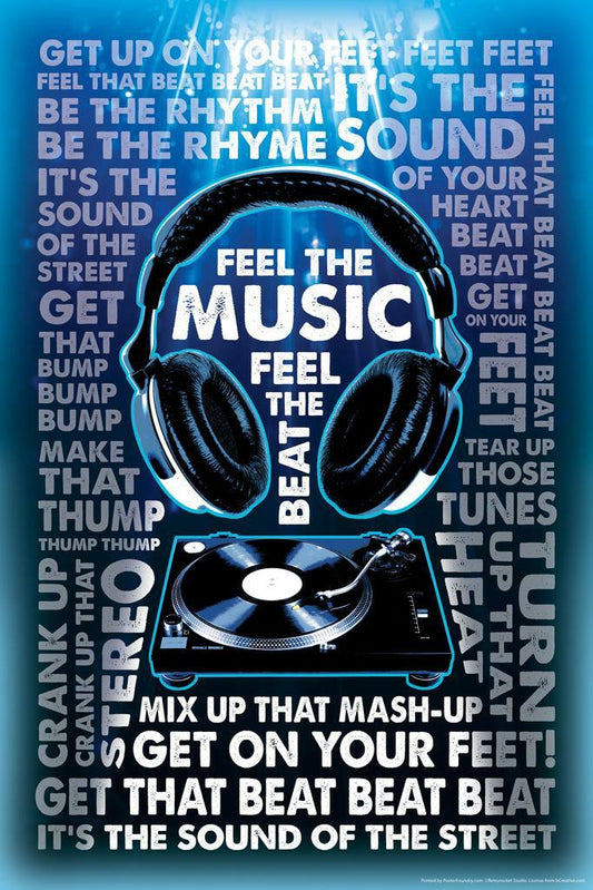 Feel The Music Headphones & Turntable | DJ Themed Graphic Art Poster | Modern Music Wall Decor - Music Poster