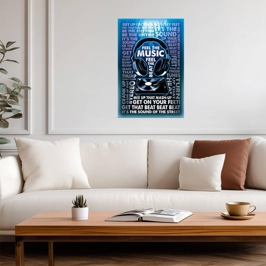 Feel The Music Headphones & Turntable | DJ Themed Graphic Art Poster | Modern Music Wall Decor - Music Poster