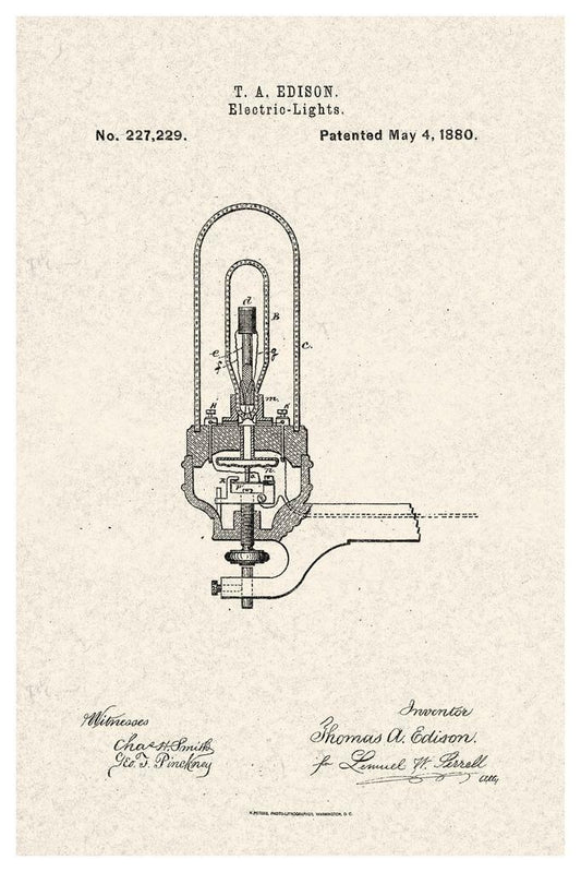 Thomas Edison Electric Light Bulb Patent | 1880 Diagram Poster | Inventor Wall Art - Vintage & Retro Poster