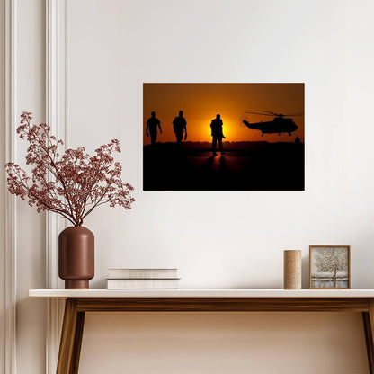 Three Soldiers and SH-3 Sea King Helicopter | Military Silhouette Photography | Sunset Poster - Photography Poster