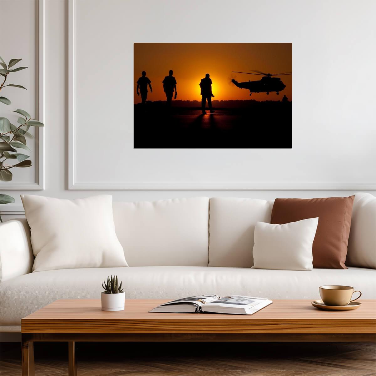 Three Soldiers and SH-3 Sea King Helicopter | Military Silhouette Photography | Sunset Poster - Photography Poster