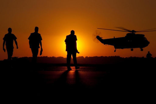 Three Soldiers and SH-3 Sea King Helicopter | Military Silhouette Photography | Sunset Poster - Photography Poster
