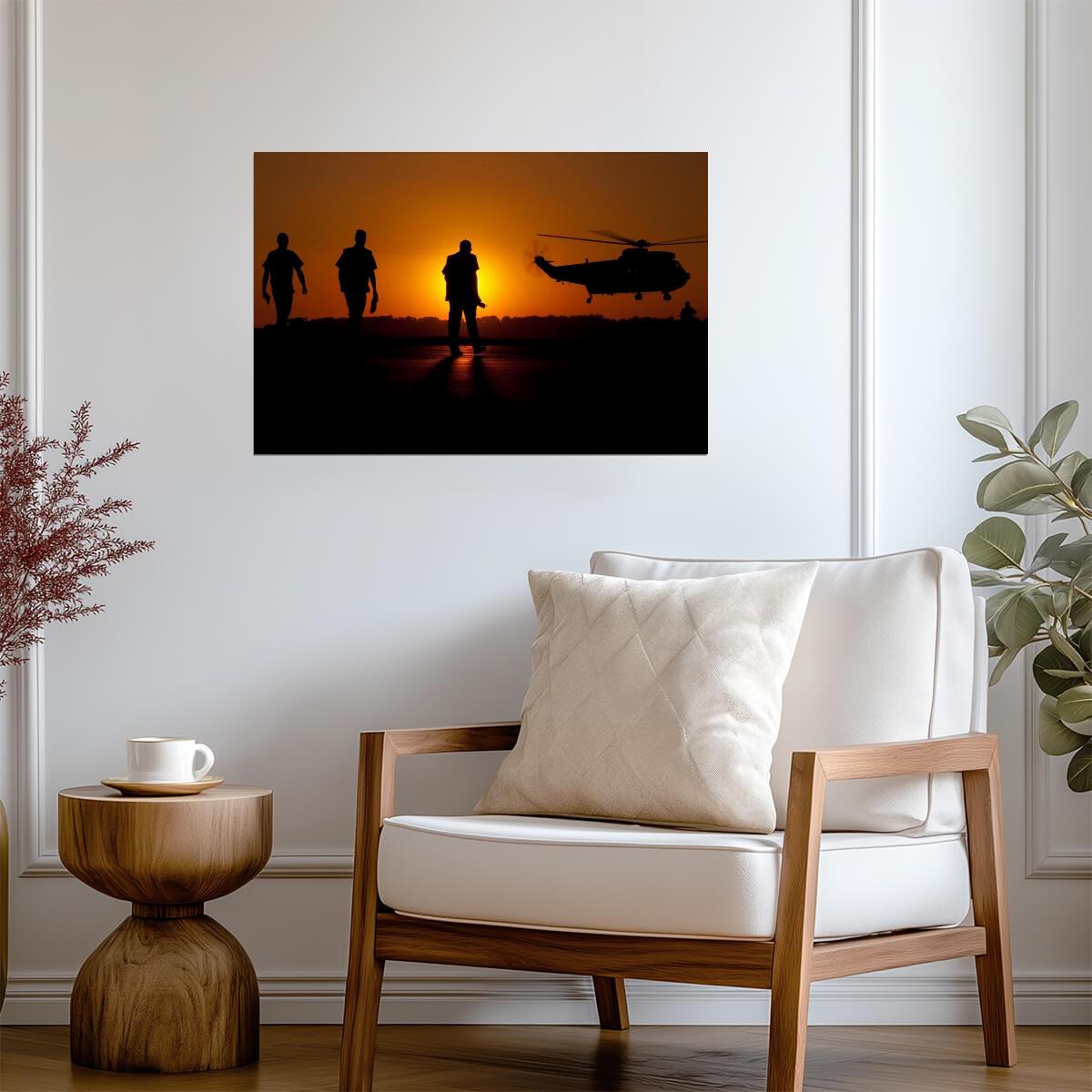Three Soldiers and SH-3 Sea King Helicopter | Military Silhouette Photography | Sunset Poster - Photography Poster