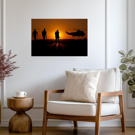 Three Soldiers and SH-3 Sea King Helicopter | Military Silhouette Photography | Sunset Poster - Photography Poster