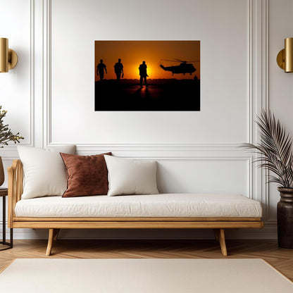 Three Soldiers and SH-3 Sea King Helicopter | Military Silhouette Photography | Sunset Poster - Photography Poster