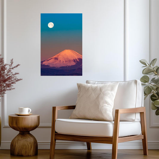 Mount Fuji and Full Moon | Landscape Photography Print | Japan Travel Poster
