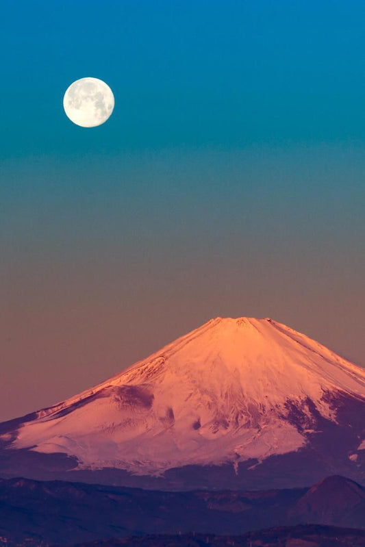 Mount Fuji and Full Moon | Landscape Photography Print | Japan Travel Poster
