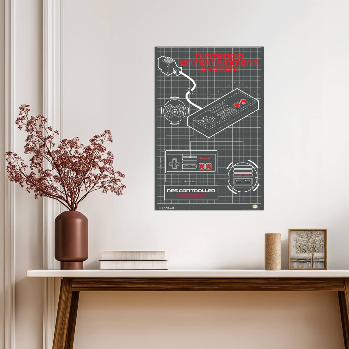 Oldschool NES Controller Blueprint | Retro Gaming Schematic Poster | Gamer Wall Art - Video Games Poster
