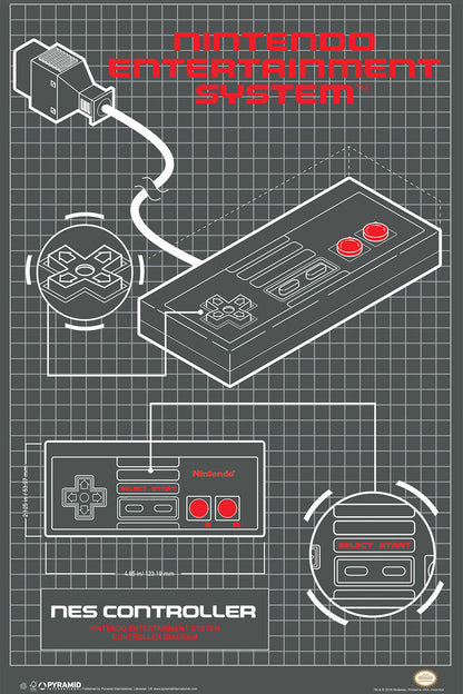 Oldschool NES Controller Blueprint | Retro Gaming Schematic Poster | Gamer Wall Art - Video Games Poster