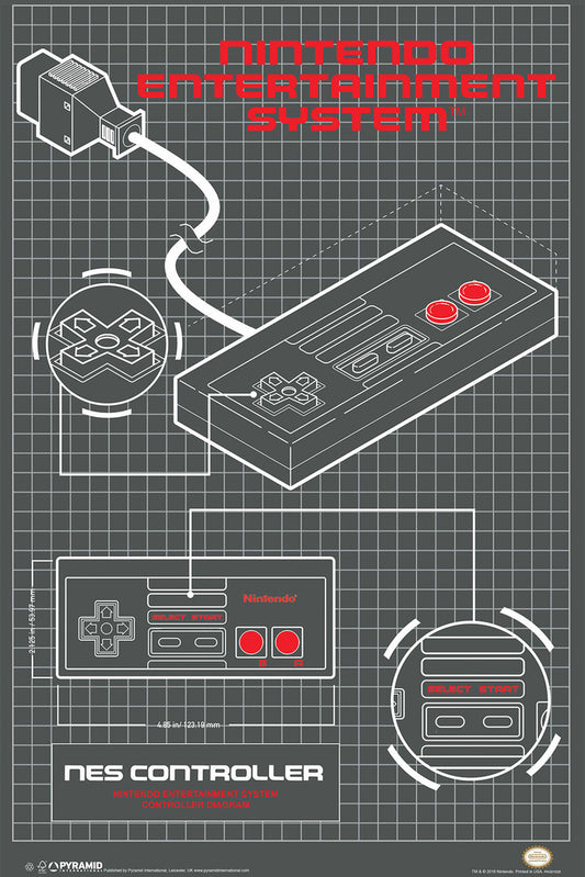 Oldschool NES Controller Blueprint | Retro Gaming Schematic Poster | Gamer Wall Art - Video Games Poster