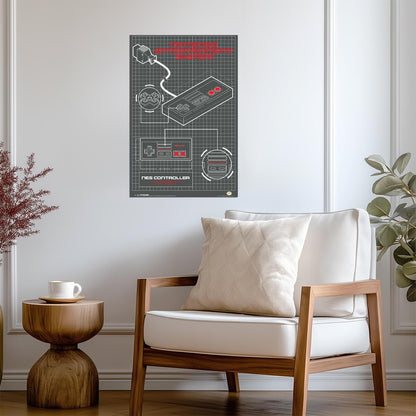 Oldschool NES Controller Blueprint | Retro Gaming Schematic Poster | Gamer Wall Art - Video Games Poster