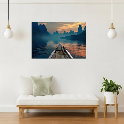 Indonesian River Boat Poster | Mountain Landscape Photography | Travel Wall Art