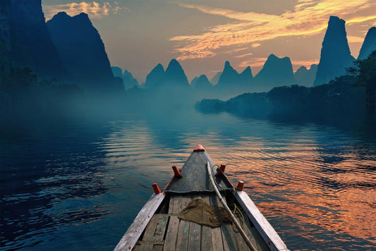 Indonesian River Boat Poster | Mountain Landscape Photography | Travel Wall Art