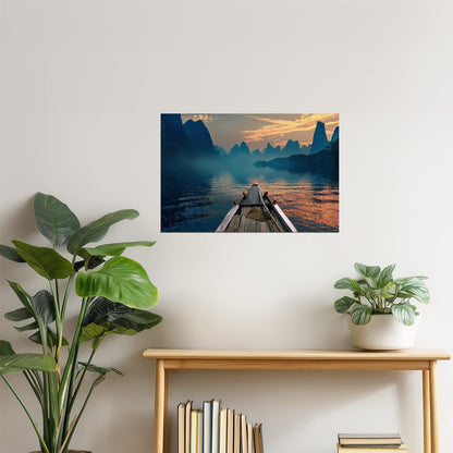 Indonesian River Boat Poster | Mountain Landscape Photography | Travel Wall Art