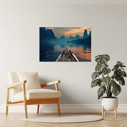 Indonesian River Boat Poster | Mountain Landscape Photography | Travel Wall Art