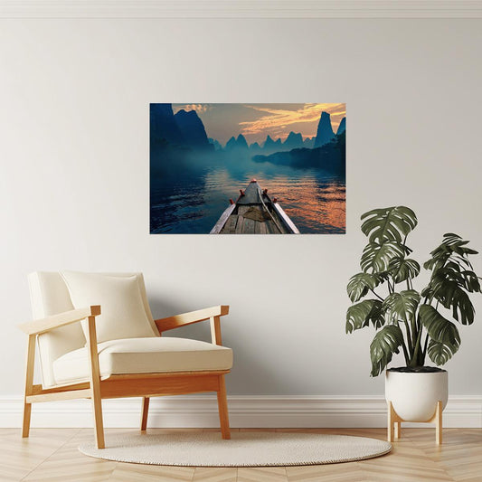 Indonesian River Boat Poster | Mountain Landscape Photography | Travel Wall Art