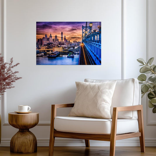 Philadelphia Sunset from Ben Franklin Bridge | Cityscape Photography | Urban Wall Art Poster - Photography Poster