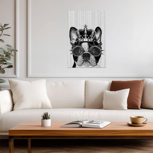 Hipster Boston Terrier with Crown and Steampunk Goggles | Illustrated Dog Poster - Graphic & Art Poster