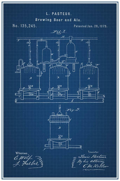 Louis Pasteur Beer Brewing Patent Poster | Vintage Blueprint | Brewery Wall Art