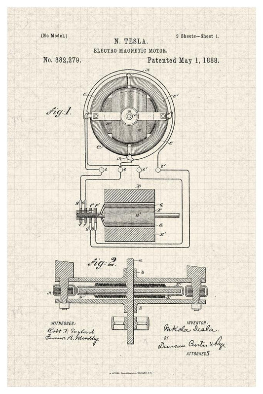 Nikola Tesla Electro Magnetic Motor Patent | Technical Diagram Poster | Science Wall Art - Vintage & Retro Poster