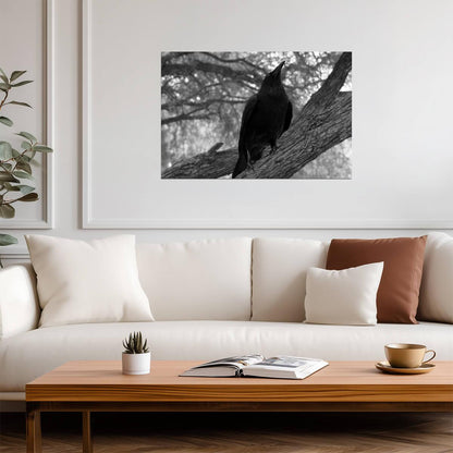 Black Raven on a Branch | Black and White Photography | "Visualize Fear" Moody Poster - Photography Poster