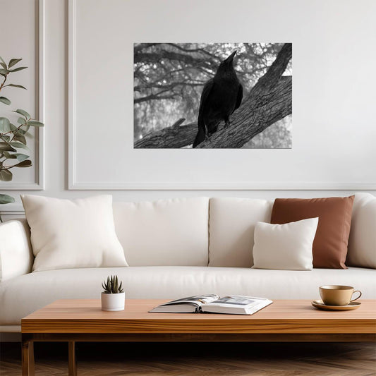 Black Raven on a Branch | Black and White Photography | "Visualize Fear" Moody Poster - Photography Poster