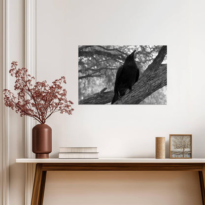 Black Raven on a Branch | Black and White Photography | "Visualize Fear" Moody Poster - Photography Poster